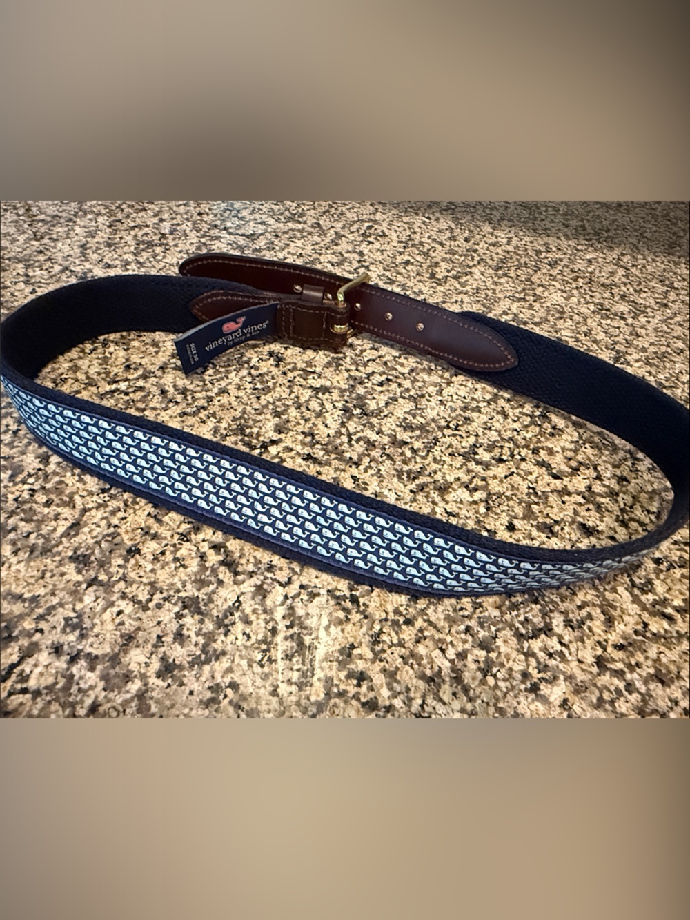 Vineyard Vines Navy and White Woven Whale-Pattern Belt